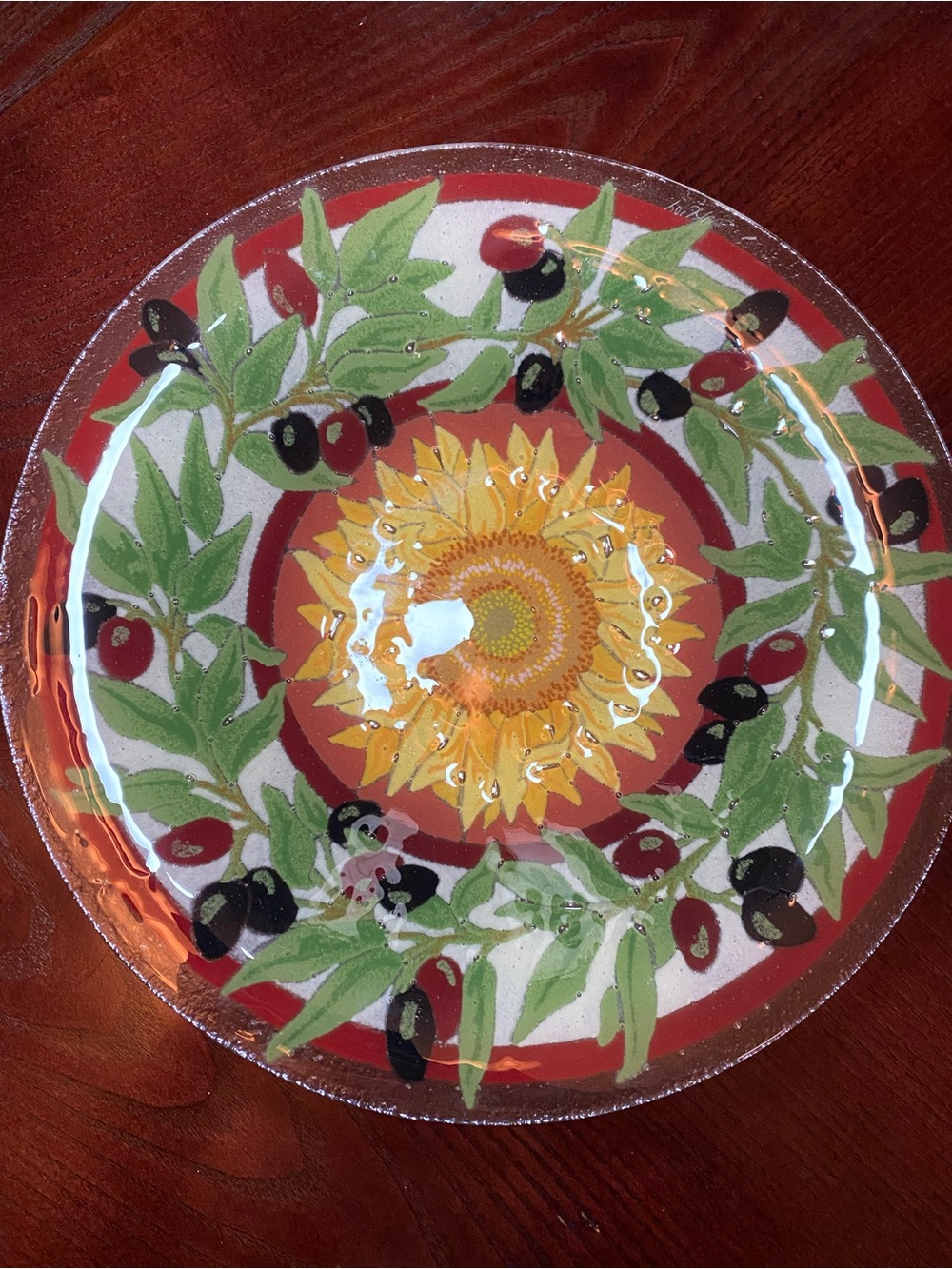 Perry Karr Tuscany fused glass bowl with large yellow sunflower & olives